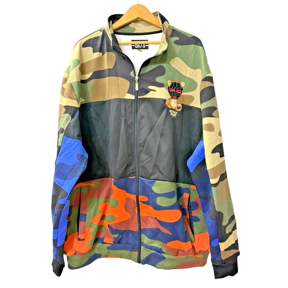 BKYS Track Jacket Mens 3XL Pre-Owned Green Multi Camo Stickup Artist Bear Patch